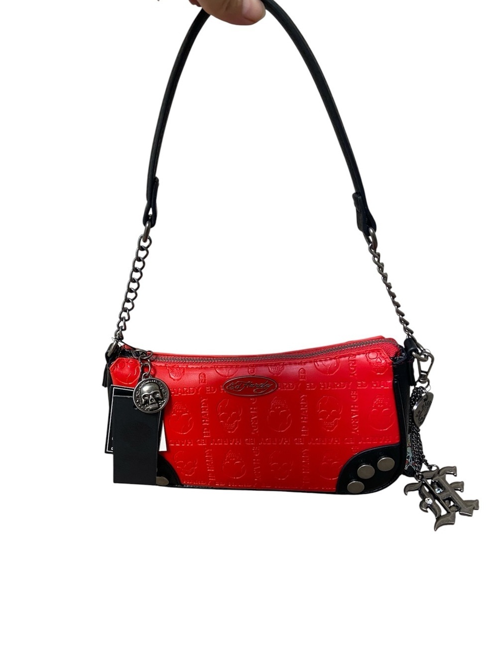 Ed Hardy red crossbody purse shoulder bag vegan leather skull imprint NWT
